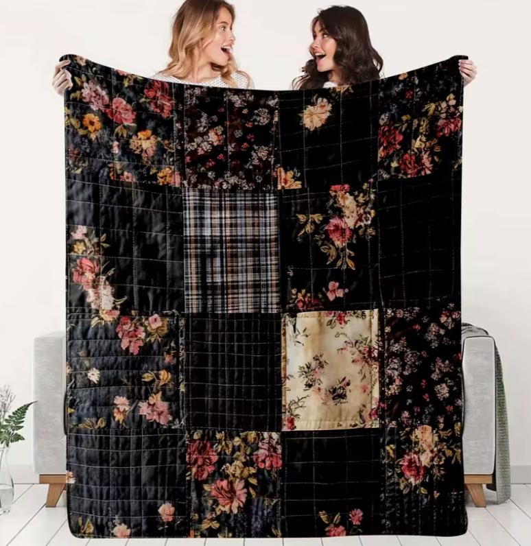 1 Colorful Floral Patchwork Flannel Quilt - Soft and Comfortable, All-season Sofa Blanket for Sofas, Offices, Camping and Travel