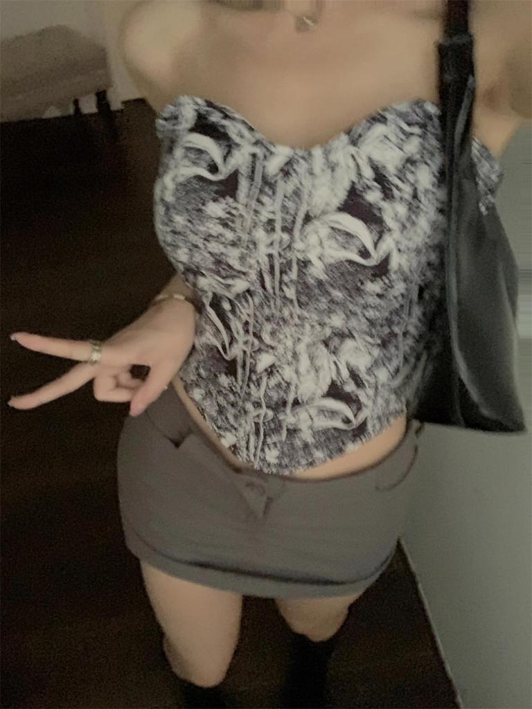 Summer 2025 Retro Slim Fit Printed Sleeveless Bandeau Top for Women - Trendy Student Style