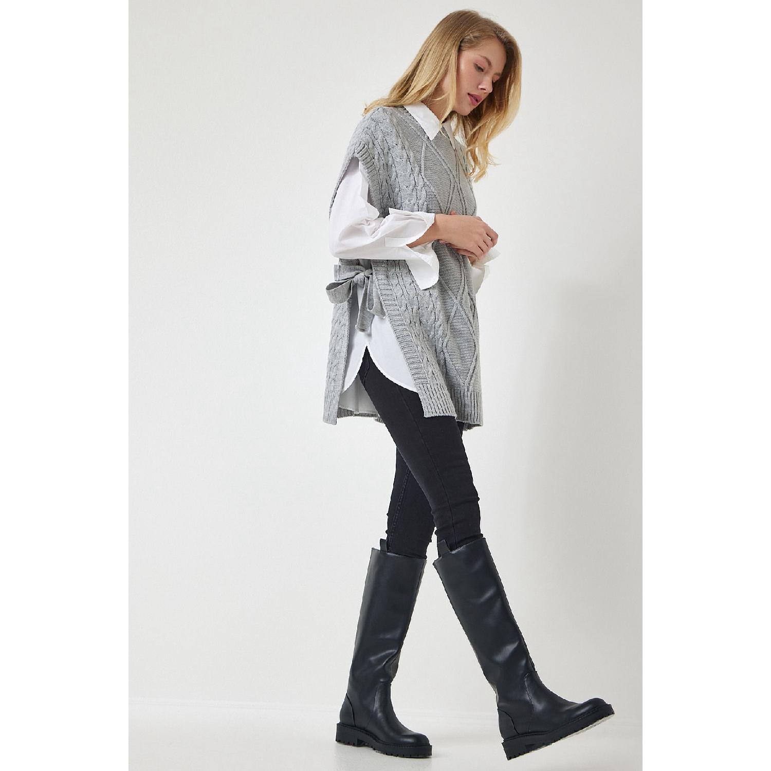

Women s Gray Tie Detailed Oversize Knitwear Sweater Yg00104 Standart екрю