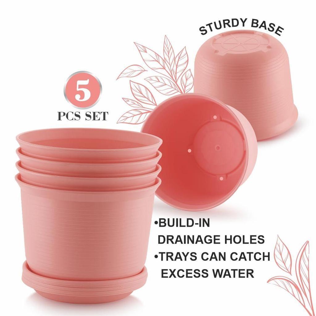 10 Inch Plastic Round Flower Pots with Tray for Home, Terrace, Garden Etc | Pack of 05 | Pink Color | for Home Indoor & Outdoor Gardening Plants