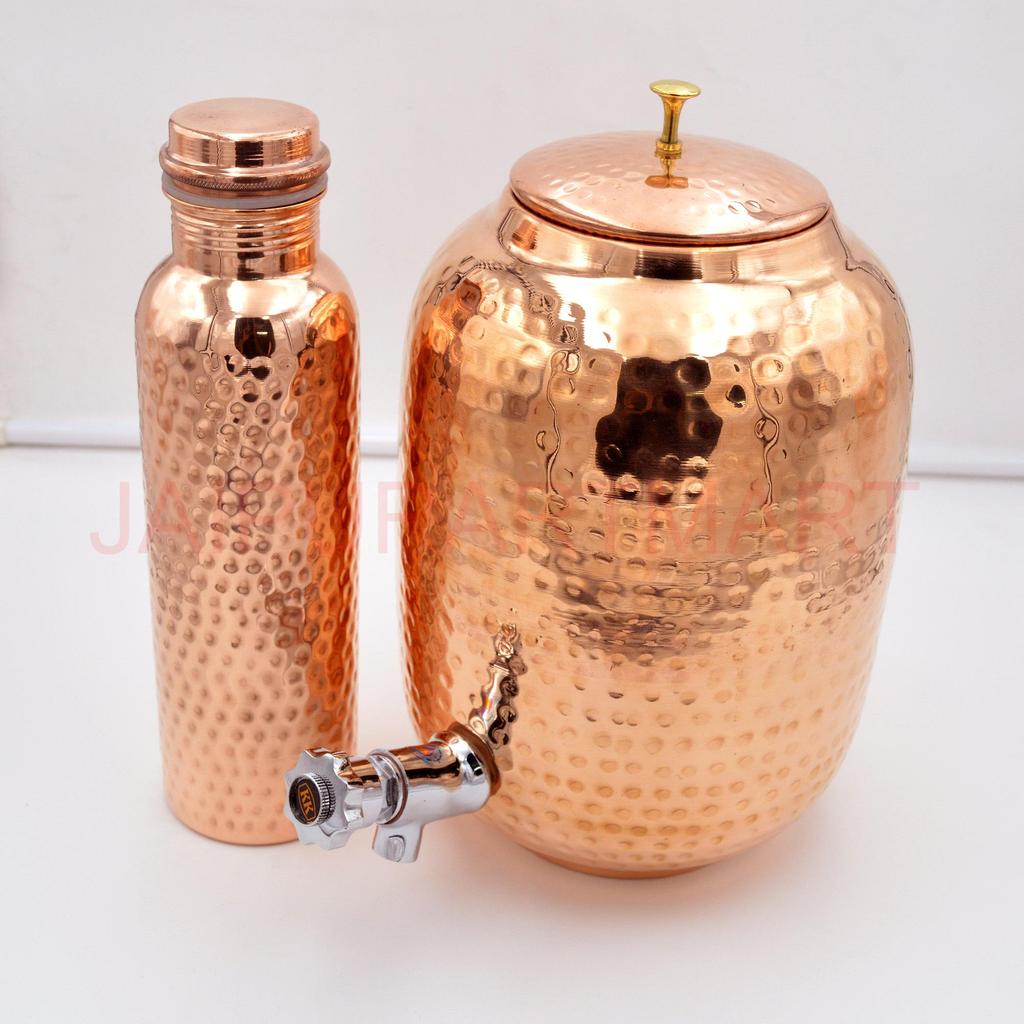 Copper Water Dispenser 8L with 1 Bottle Hammered For Drinking– Ayurvedic Health Benefits
