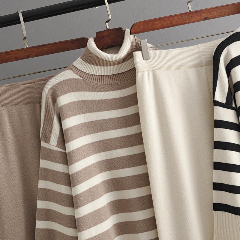 Fall Winter Lazy Wind Loose High Collar Pullover Sweater Suit Women's Stripe Long Sleeve Knit Wide Leg Pants Two Piece Set