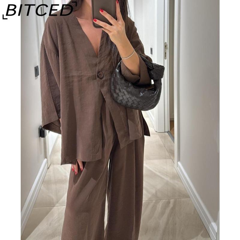 BITCED Women's Fashion Casual Set V-neck Single-Button Loose-Fit Long-Sleeve Top High-Waisted Trousers Two-Piece Set