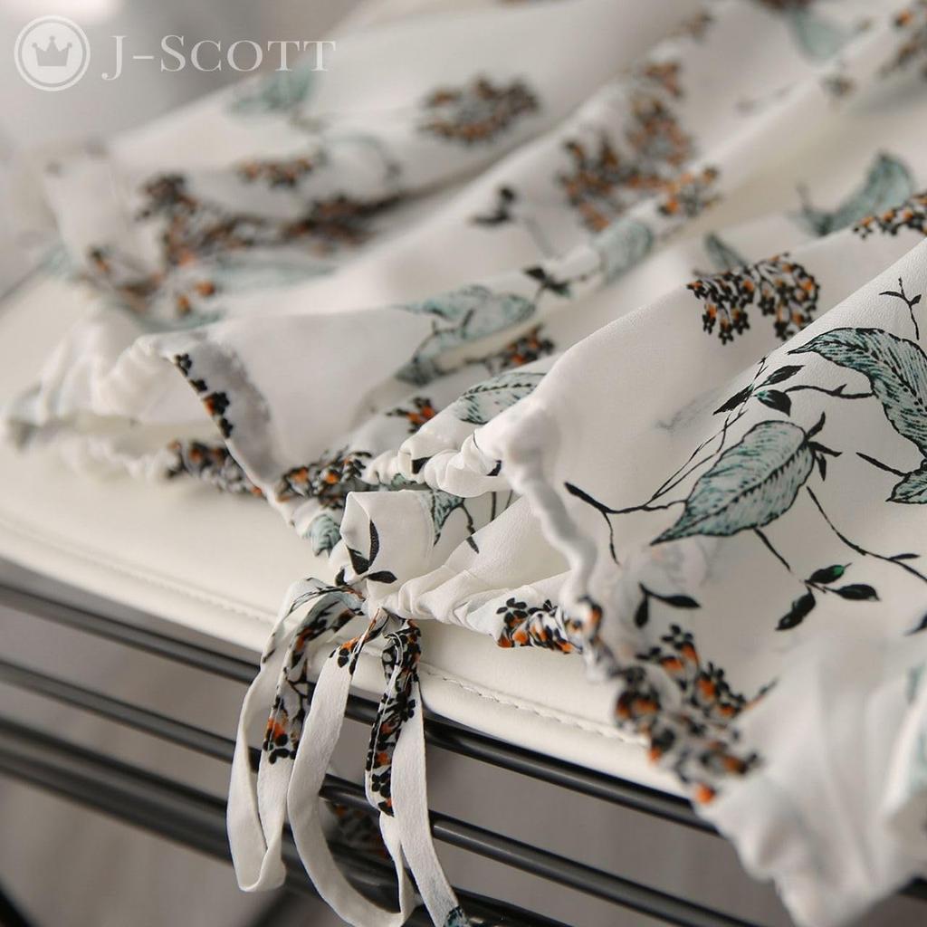 Botanical Print Chiffon Drawstring Sheer Sleeve Balloon J-Scott 3/4 Blouse, White, JS48-WH-XL