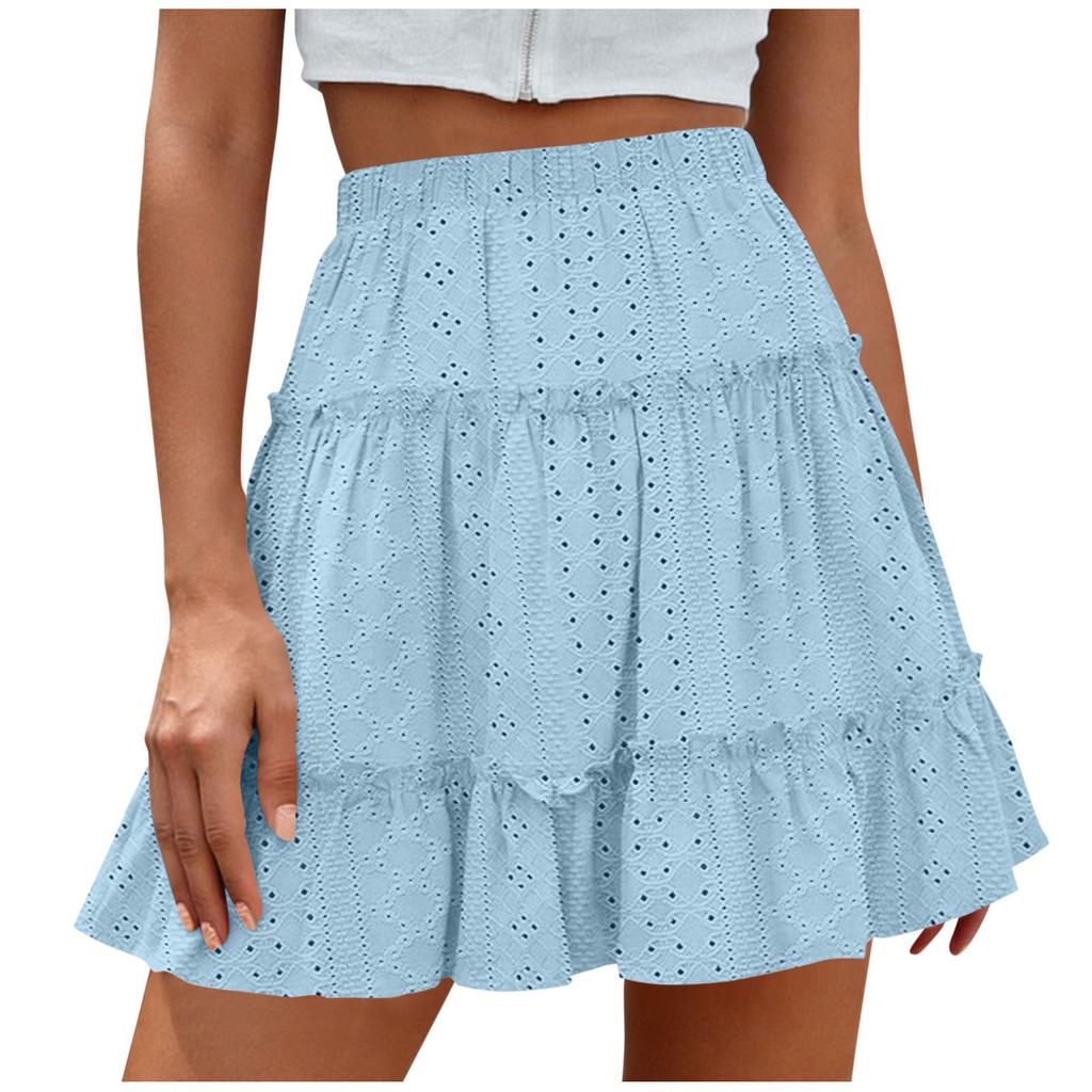 Women’s High Waist Tiered Mini Skirt with Elastic Waistband and Eyelet Embroidery Flared A-Line Design for Casual Wear