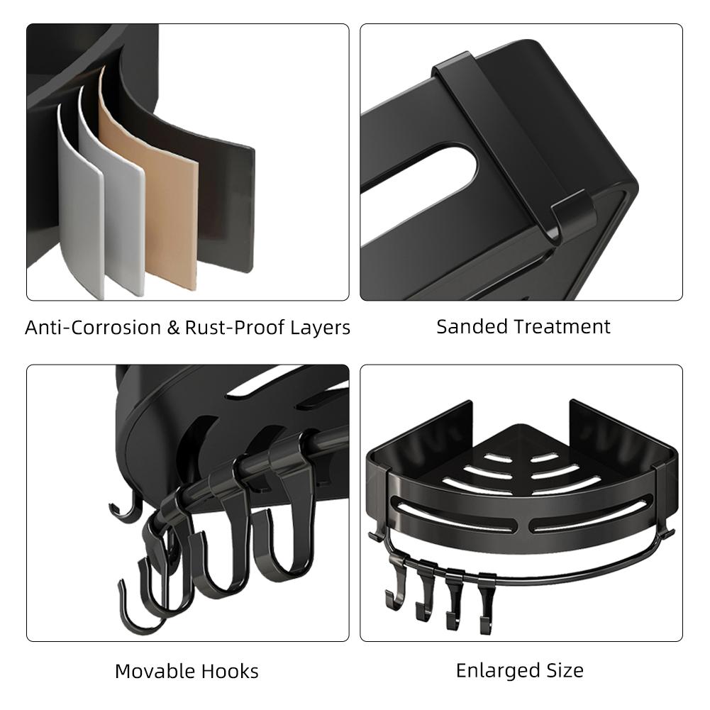Bathroom Kitchen Shelf, Adhesive or Screws Wall Mounted Shower Shelving with 4 Movable Hooks,