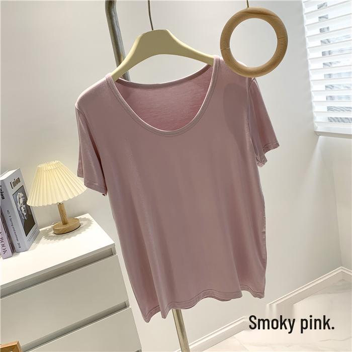 Modal Cotton Women's Grey-Green Loose Short Sleeve Round Neck Top - Soft, Skin-Friendly, and Versatile for Inner or Outer Wear.