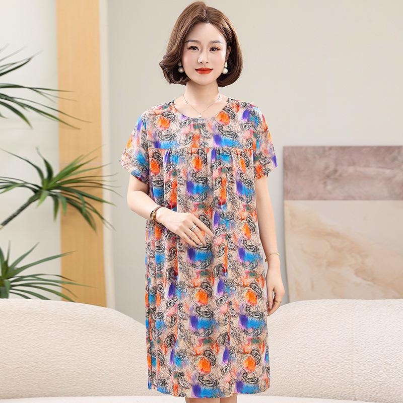 Floral Print Cotton Silk Knee-Length Dress for Middle-Aged Women – Lightweight, Short-Sleeved, Loose-Fit, Plus Size