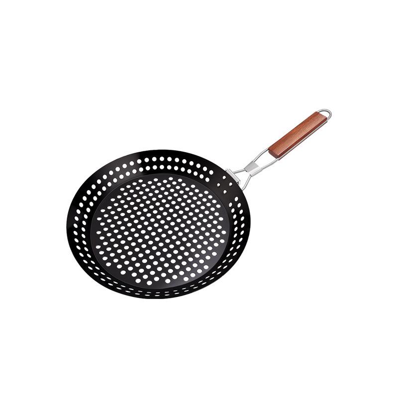 Round Hollow Wooden Handle BBQ Grill Pan for Outdoor Vegetables and Meat
