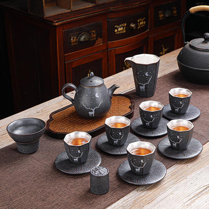 999Pure Silver Tea Set Ceramic Kung Fu Tea Set Tasting Cup Handmade Silver-Plated Tea Bowl Live Streaming Gift