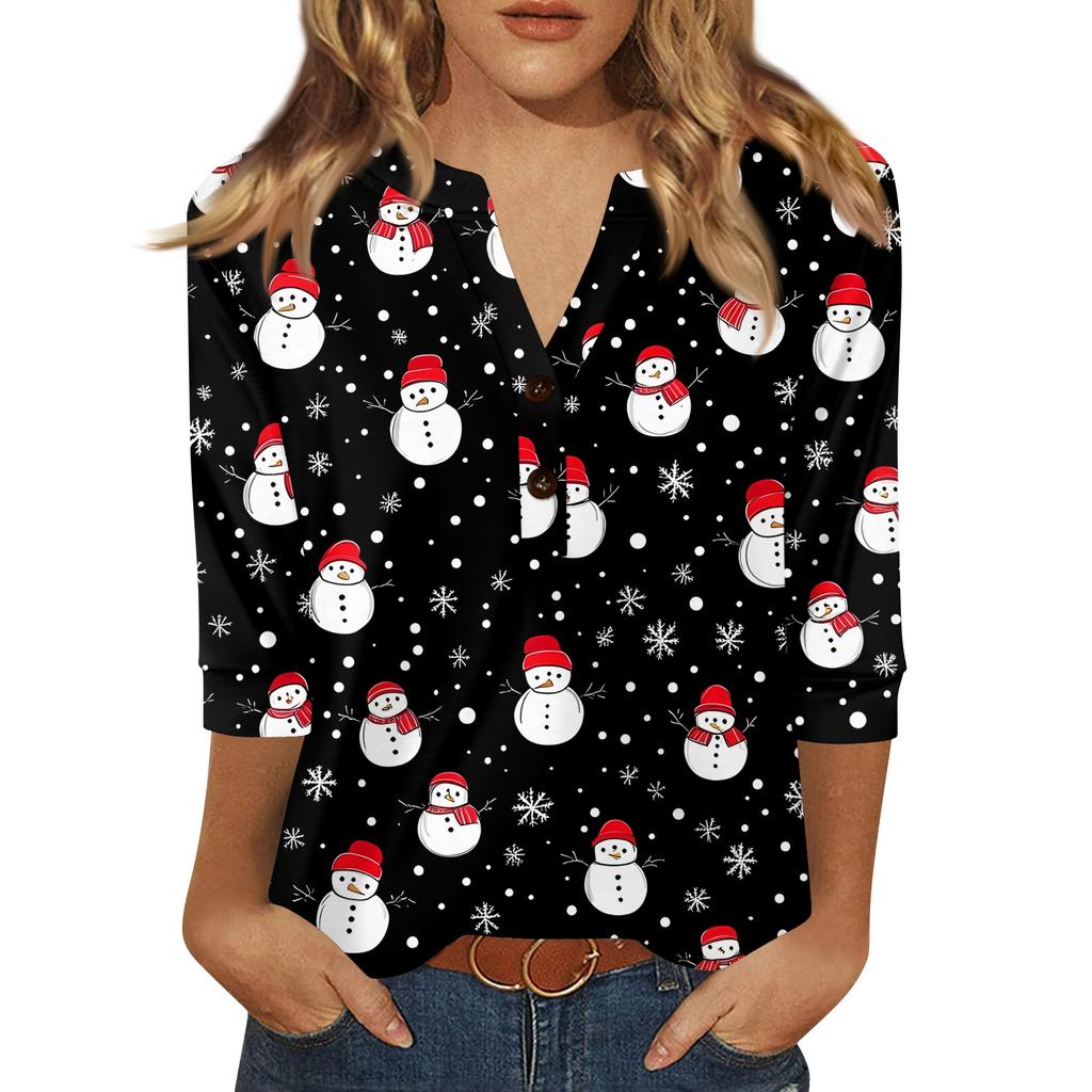 Women's T Shirt Christmas Print Button 3/4 Sleeve Daily Weekend Fashion Basic V- Neck Regular Top