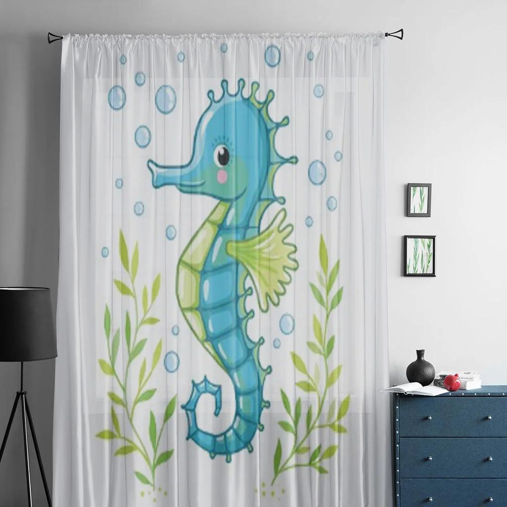 Cute Cartoon Sea Horse Tulle Curtains For Living Room Decoration Modern Veil Chiffon Curtains Bedroom Sheer Voile