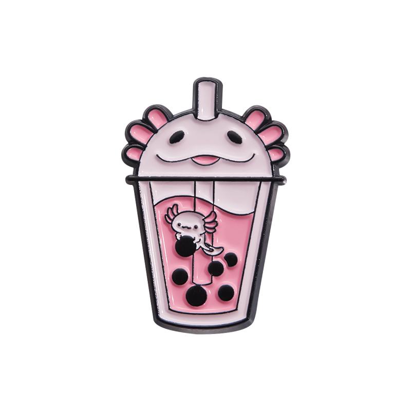 Cute Animal Milk Tea Enamel Pins Custom Salamander Capybara Frog Fox Brooches Lapel Badges Animal Jewelry Gift for Kids Friends