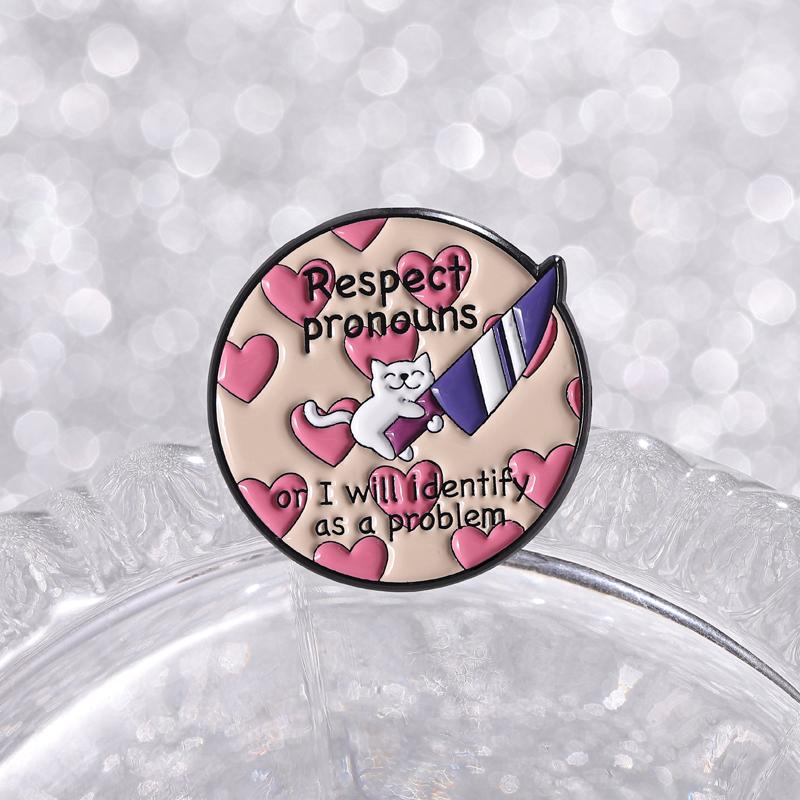 Respect Pronouns Enamel Pins Cat Knife Brooches Lapel Badges LGBT Quotes Cartoon Animals Jewelry Gift for Friends