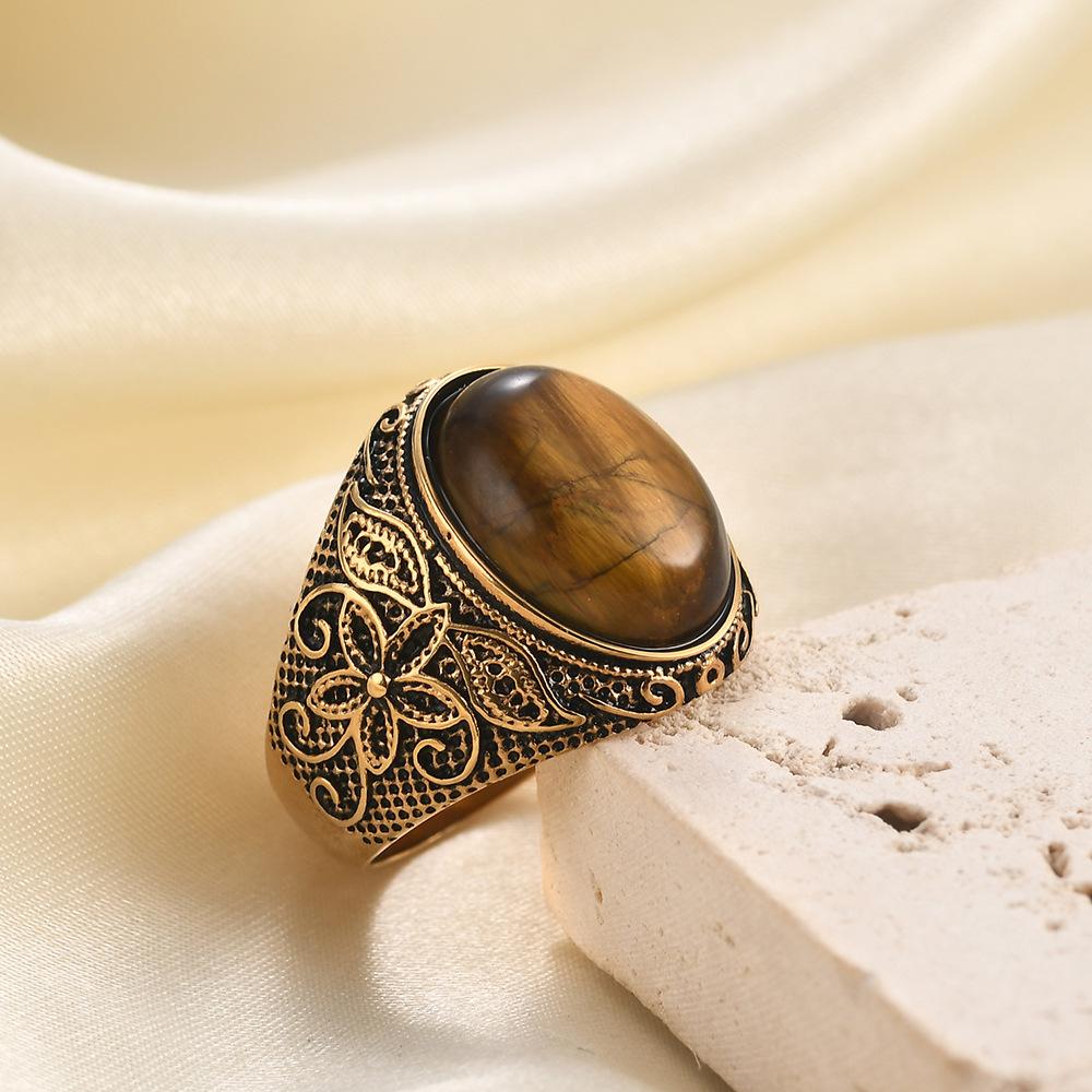 

22MM Stainless Steel Cast with Aged Patterns, Personalized, Fashionable and Retro Natural Stone Men s Couple Rings 7 коричневый