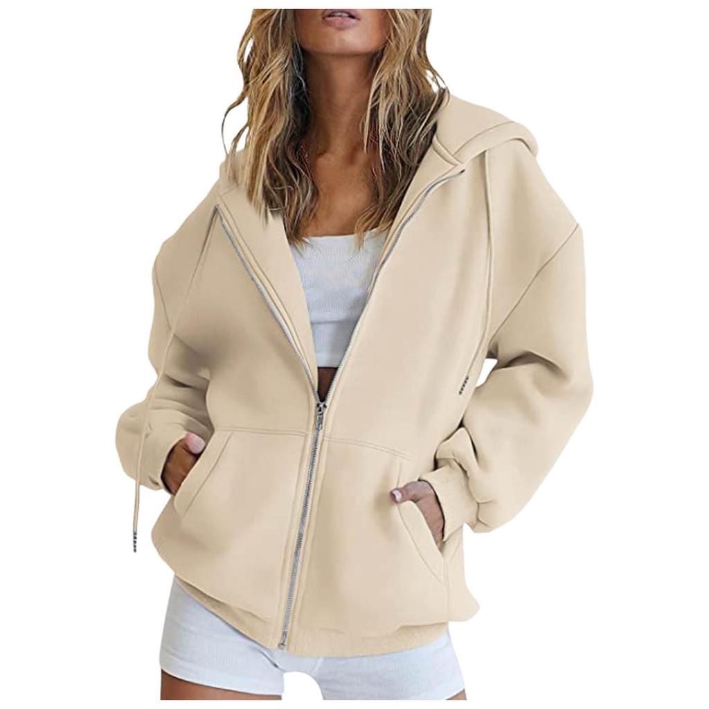 Damen gefütterter Reißverschluss Hoodie Farbe Lockerer Schnitt Lässiges Oberteil