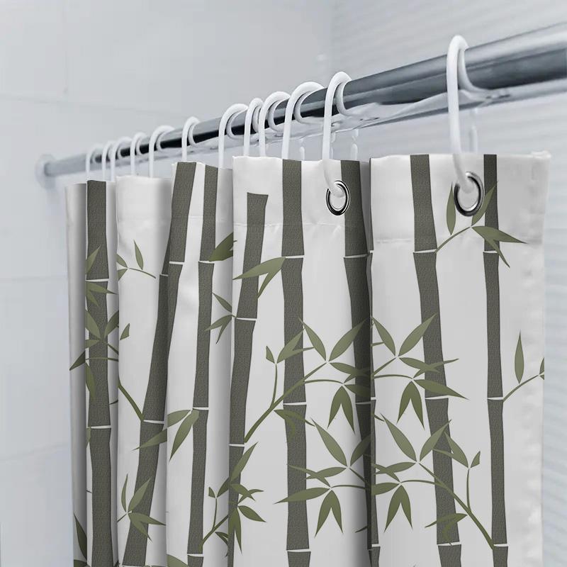 Bamboo Pattern Shower Curtain Waterproof Bathroom Decor Green Leaves Black Rods White Fabric Print Home Accessories Decoration