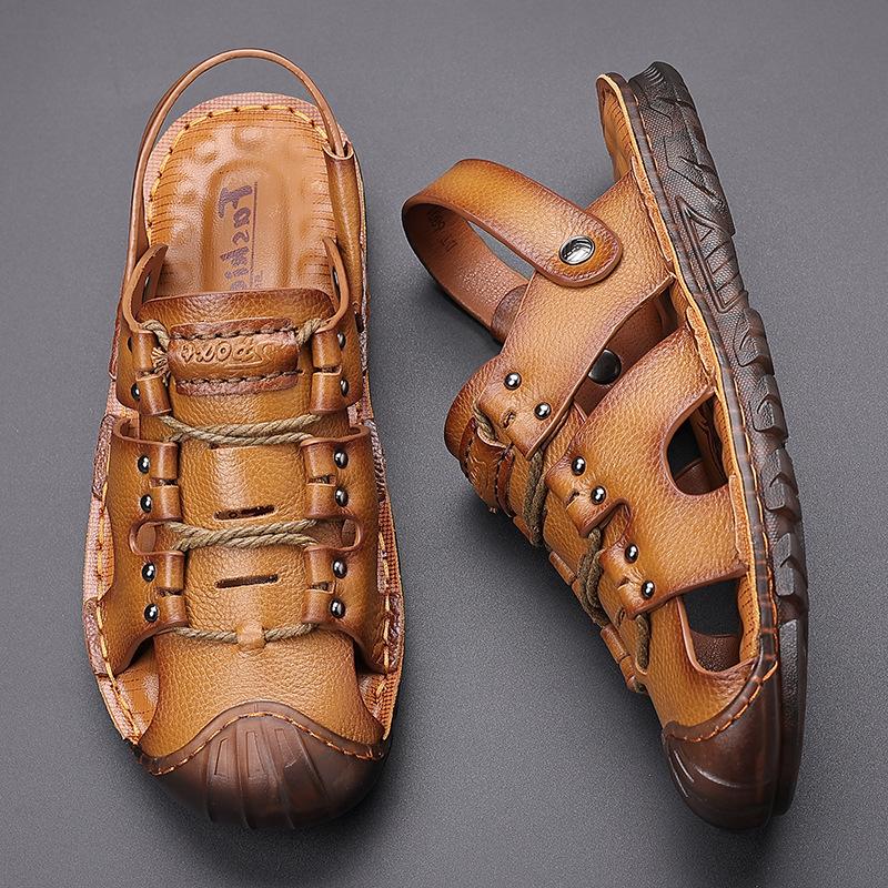 Summer outdoor sandals men's leather jelly sole men's baotou hole beach men's cool slippers breathable breathable non-slip
