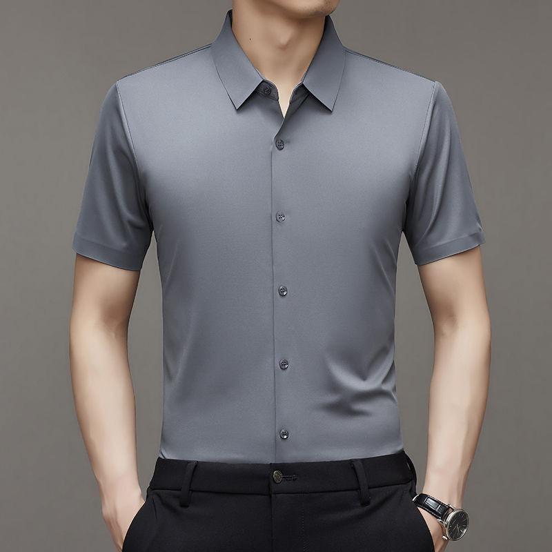 High End Ice Silk Shirts Men Short Sleeve Business Wrinkle Shirt Single Breasted Elastic Tops Luxurious Wedding Clothes
