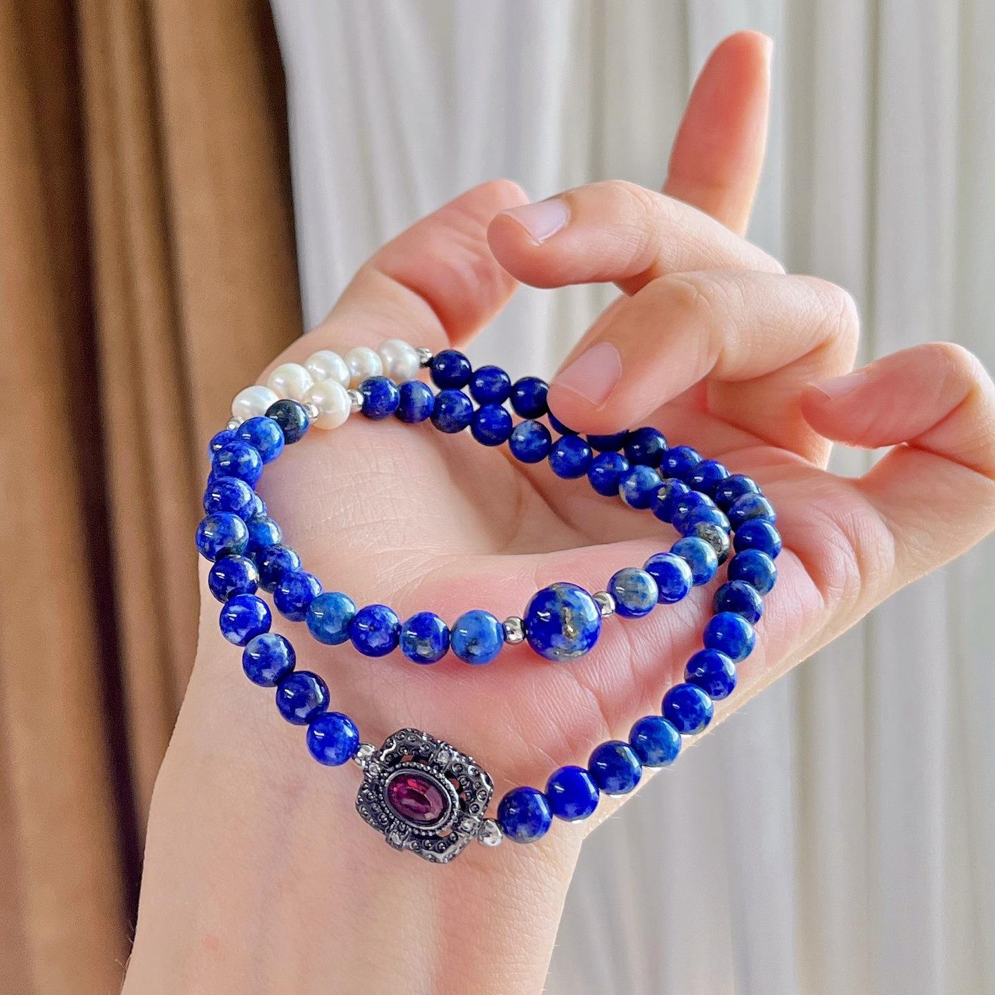 High Quality Natural Lapis Lazuli Freshwater Pearl Multi-Circle Bracelet Bracelet.