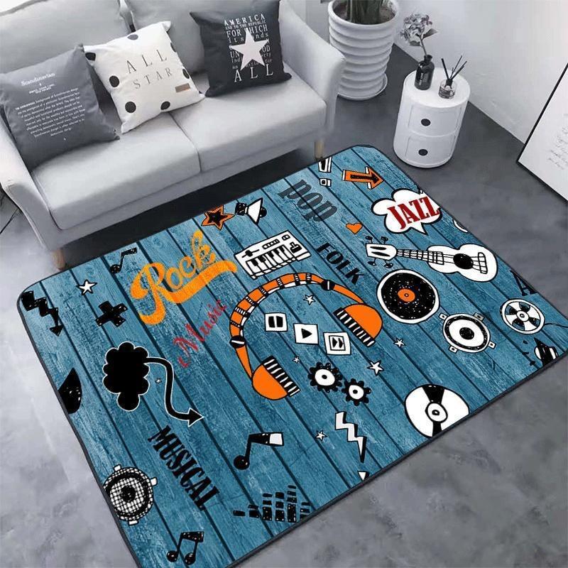 Rock Music Theme Area Rugs Electric Guitar Design Piano Keyboard Starry Night Pattern for Living Room Decor