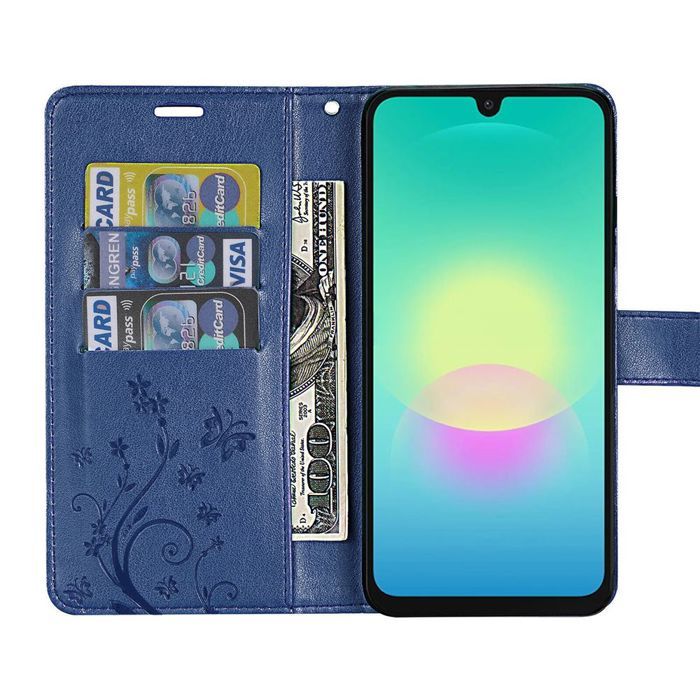 Coque pour Samsung Galaxy A18 4G/5G, Effet Cuir Relief Floral - Bleu Marine - 2 Verres Trempés