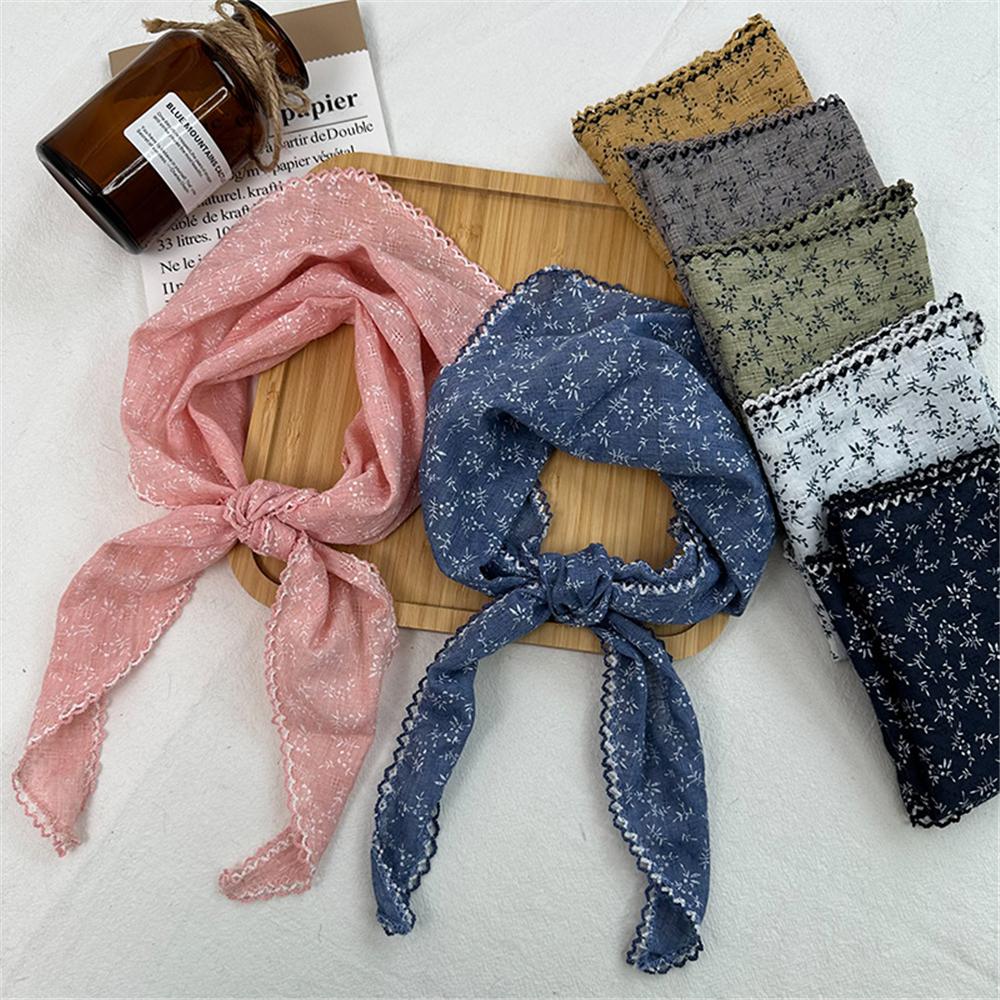 Lightweight Floral Triangle Scarf Korean Style Thin Vintage Neck Scarf Head Wrap Breathable Cotton Linen Scarf for Women