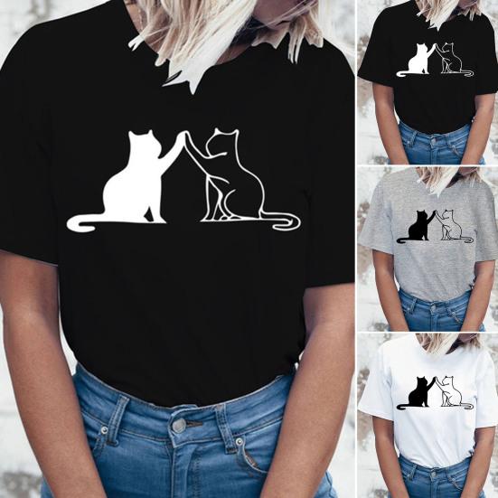 

Женская футболка с животным принтом, однотонная блузка с круглым вырезом и мультяшным рисунком, уличная одежда