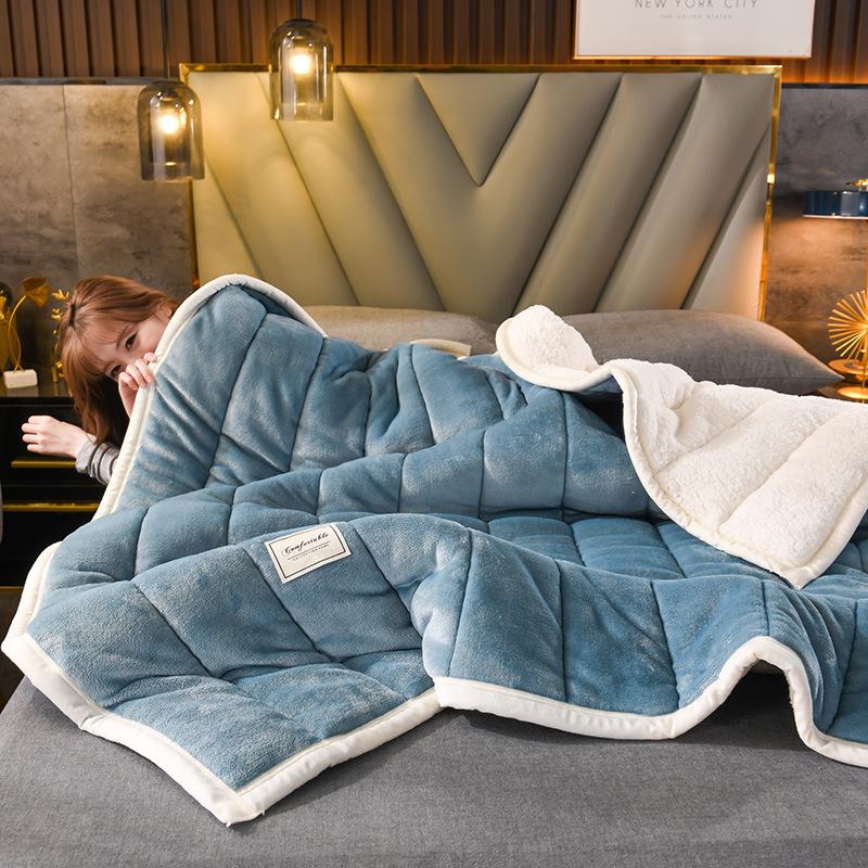 Thick Three-Layer Quilted Milk Velvet Lambswool Flannel Blanket for Autumn and Winter Warmth