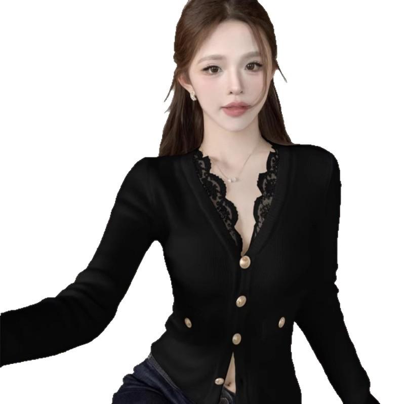 Andy velvet washing water, sexy wind lace deep V-neck splicing knitted cardigan women's autumn design sense