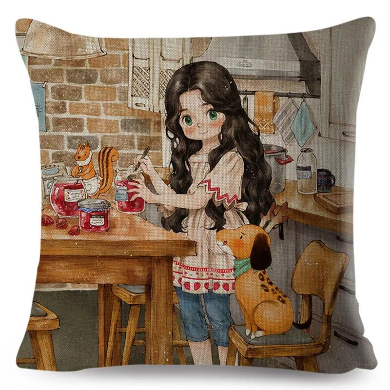 Colorful Cute Cartoon Girl and Pet Dog Fairy Tale World Pillowcase Decor for Sofa Home Pillow Case Polyester Cushion Cover