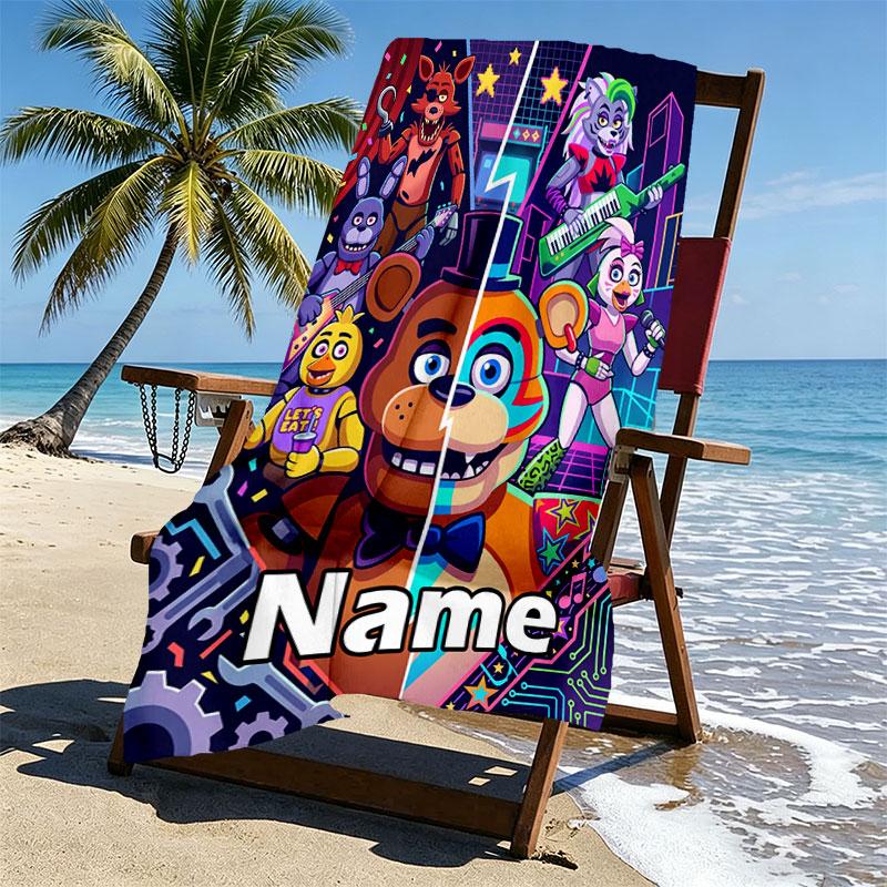 Personalisierter Strandtuch mit individuellem Namen für Five Nights at Freddy's, für Reise Camping Strandparty Heimdekoration, Geburtstagsgeschenk für Familie & Freunde