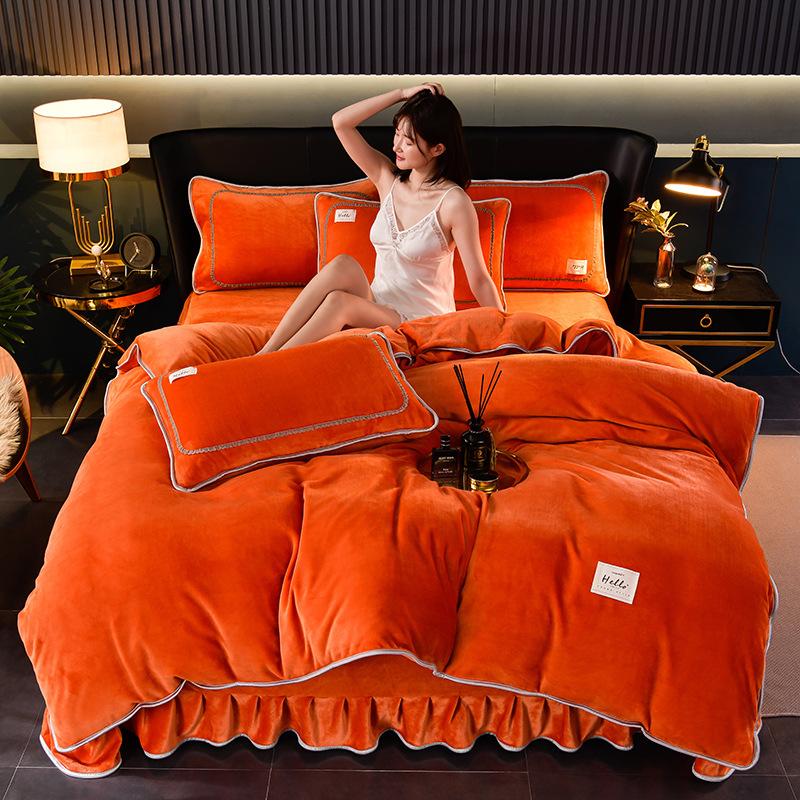Solid color milk fleece four-piece set, winter thickened warm student dormitory bed sheet four-piece set