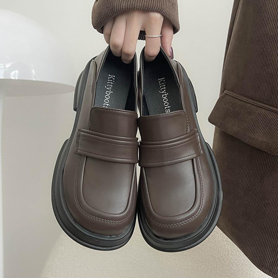 Queen Fan French platform loafers women's 2025 new autumn and winter versatile thick heel retro British style small leather shoes