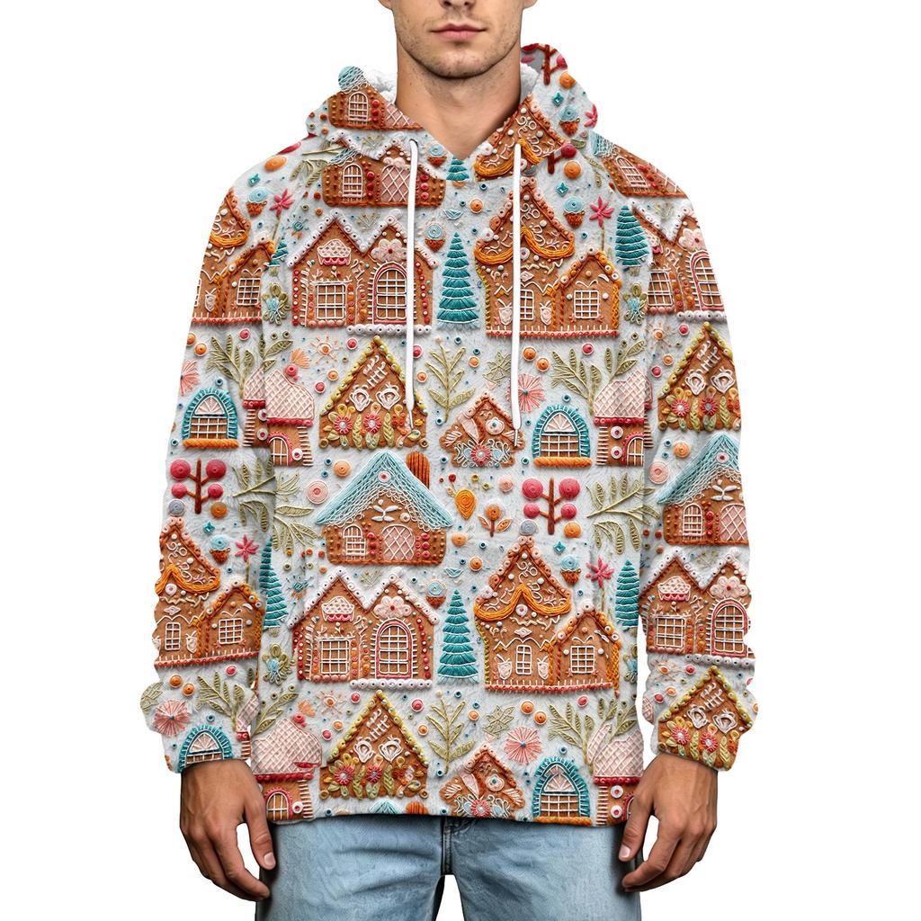 Men's Christmas Print Flannel Hoodie Hooded Casual Pullover Sweatshirt for Fall Winter