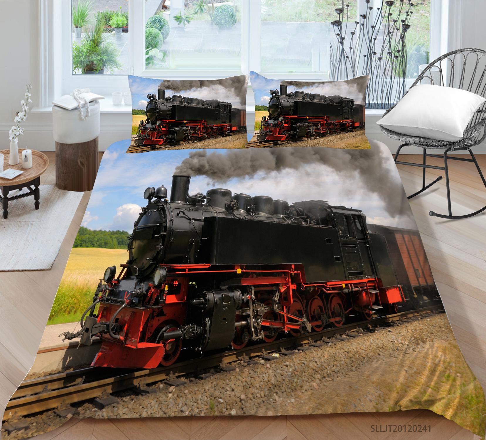 

Набір постільної білизни серії 3D Classic Train. Вінтажна транспортна ковдра та наволочка з 2/3 предметів. Повнорозмірна прикраса для дому AU/DE/US/UK/EU EU Single 135x200cm