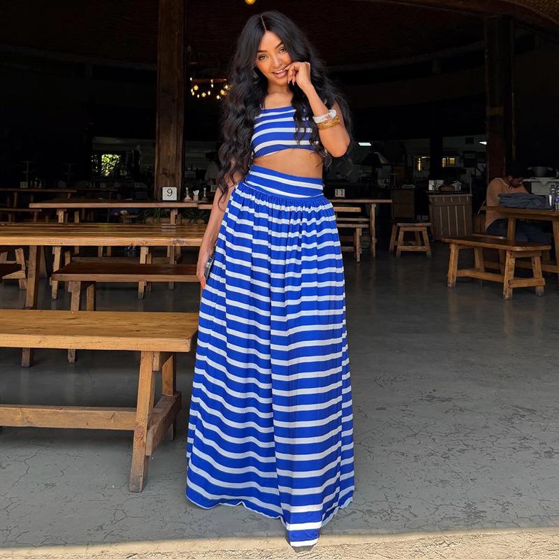 Ins Fashion Printed Women's Clothing Blue and White A-shaped Skirt Set One-word Collar Chest Wrap New Two-piece Set Popular