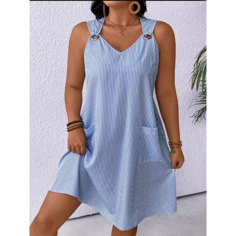 Europe and America Cross Border Export Summer Tide Casual Women's Stripes Sleeveless Sling Dress Pocket Vest Short Skirt Plus Size Loose