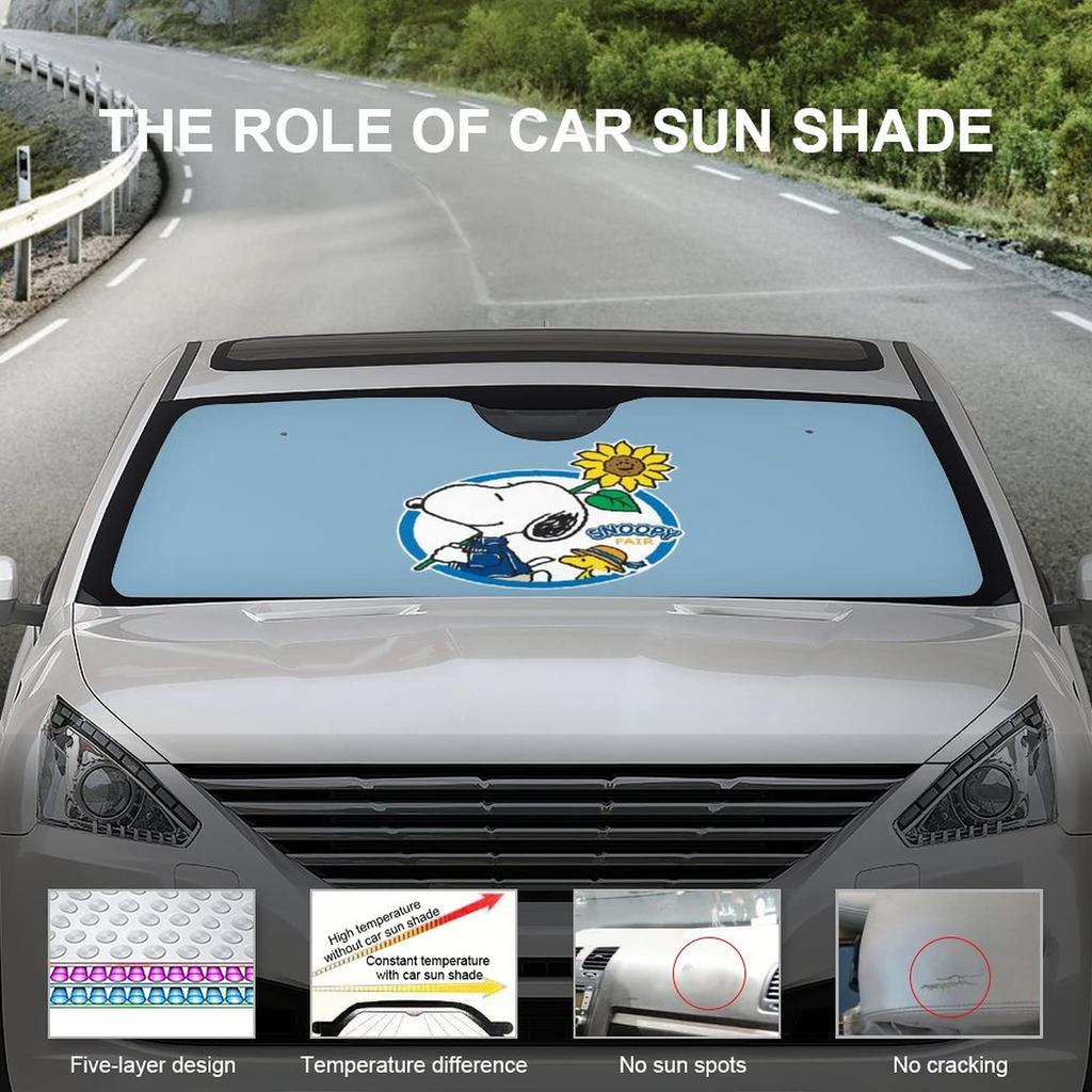 Snoopy Car Sunshade, Insulating, Suction Cup Sunshade, UV Protection, Perfect for Car Camping, Cute and Stylish, 130x70cm (Sunflower B)