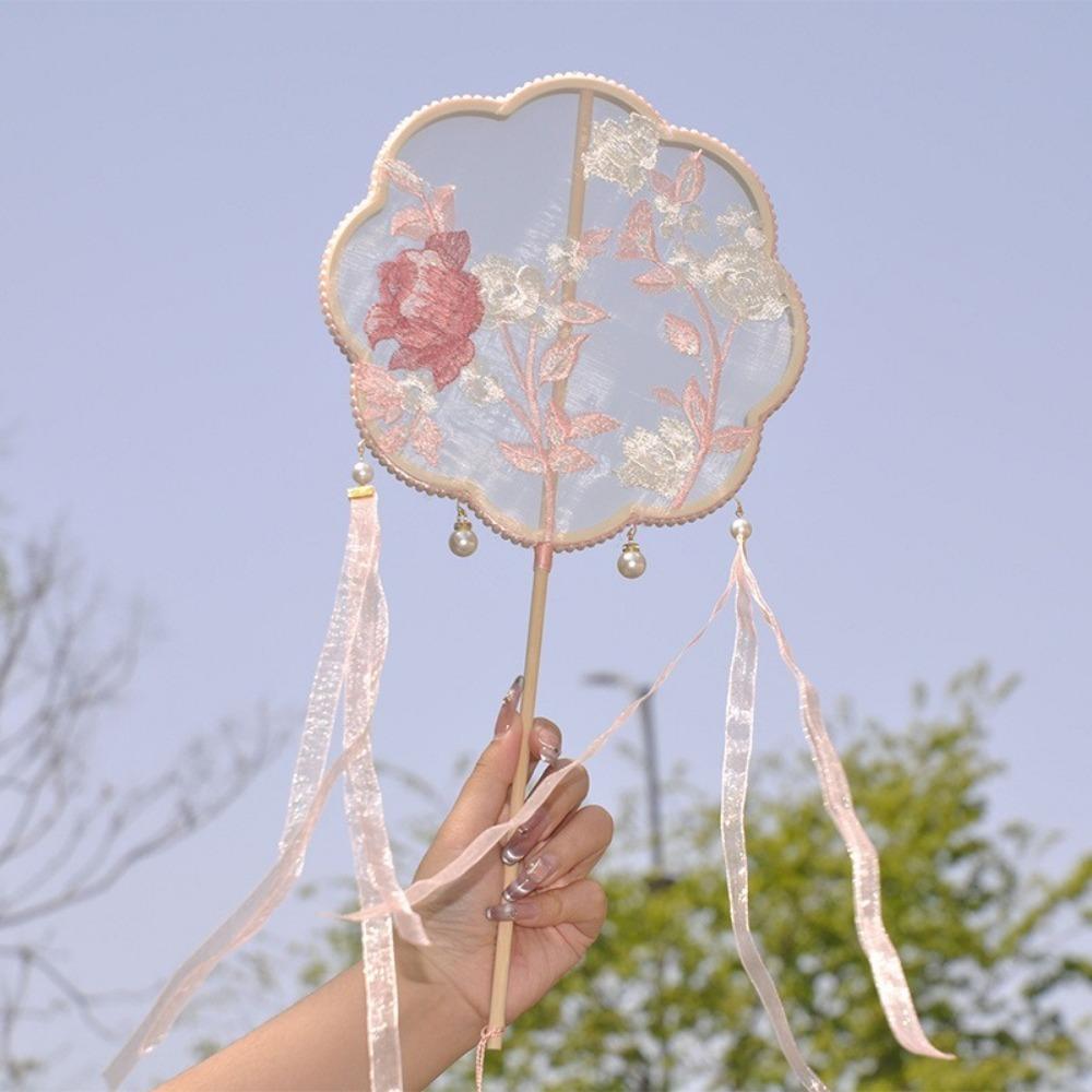 Long Handle Circular Fan Decorative Floral Pattern Silk Fan Elegant Hanfu Fan Wedding Favors