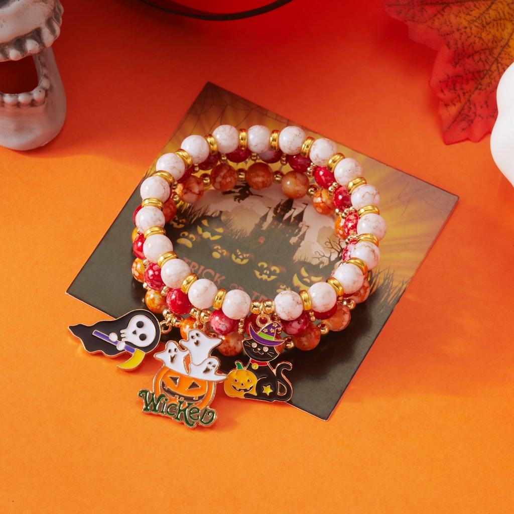 Halloween Ghost Black Cat Pumpkin Bat Moon Charm Multi-Layer Print Beaded Bracelet Gothic Boho Party Jewelry Gift For Women Men