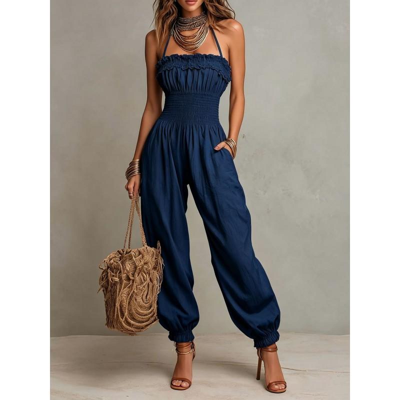 Bohemian Style Linen Cotton Jumpsuit With Halter Neck Lantern Sleeves Women 2026