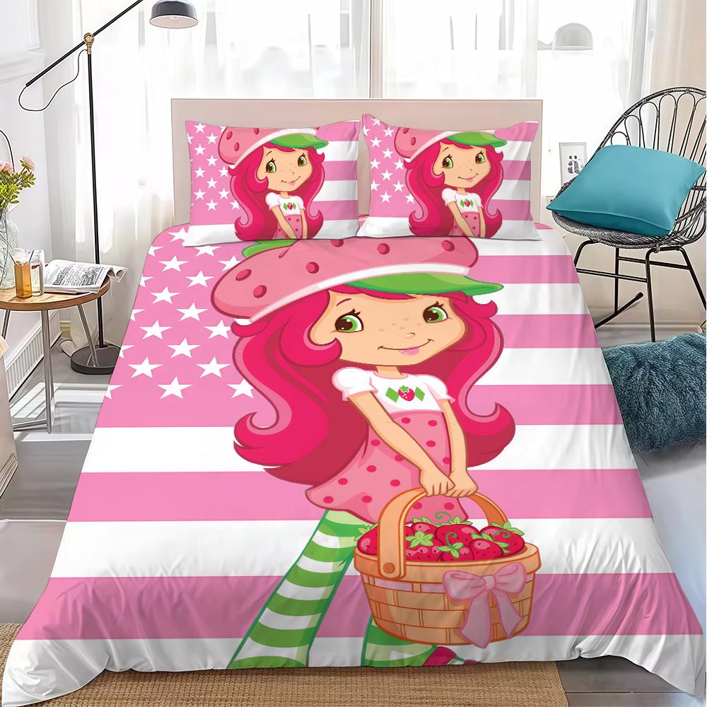 S-Strawberry Shortcake Duvet Cover Set Soft Wash Bed 3 Piece Summer Comfortable Student Dormitory Home Baby Bedding Best Seller