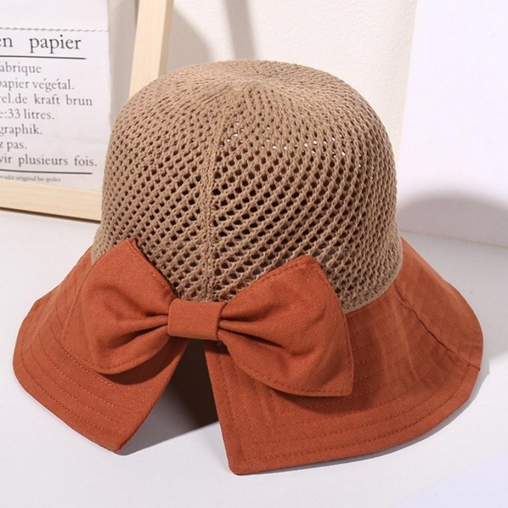 Japanese Bowtie Fisherman Hat Hollow Knitted Bucket Hat Sweet Bow Sun Hat  Travel
