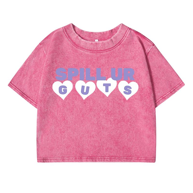 Spill Up Guts Letterprinting Women Washed Short Clothing Cool T-Shirt Street Fashion Tops Midriff-Baring O-Neck Tshirt