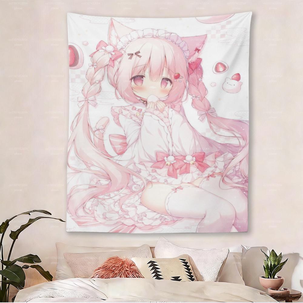 Anime Cute Cat Girl Wall Tapestry Hippie Flower Art Wall Hanging for Dorm Bedroom Decor