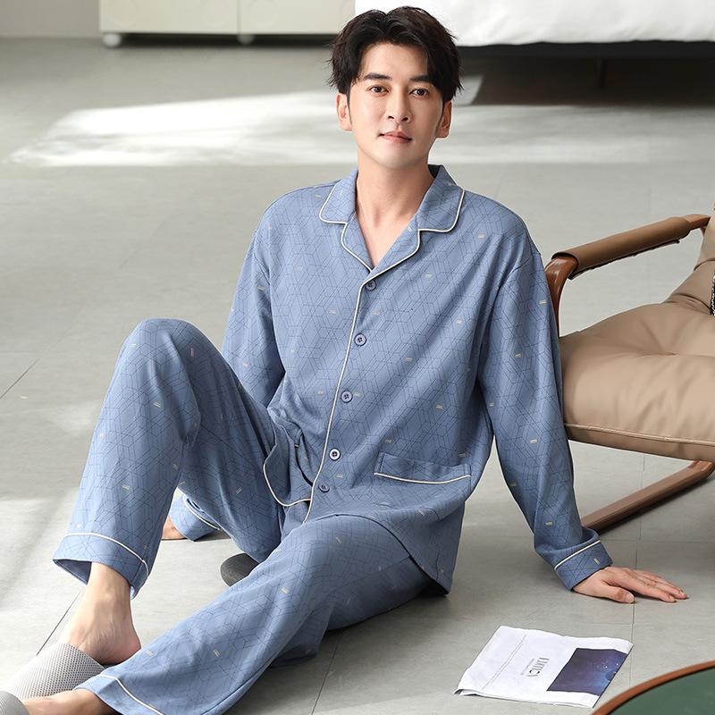 

Пижама из чистого хлопка мужская весенне-осенняя хлопковая с длинным рукавом среднего размера для папы большого размера можно носить как домашнюю одежду на улице 4XL