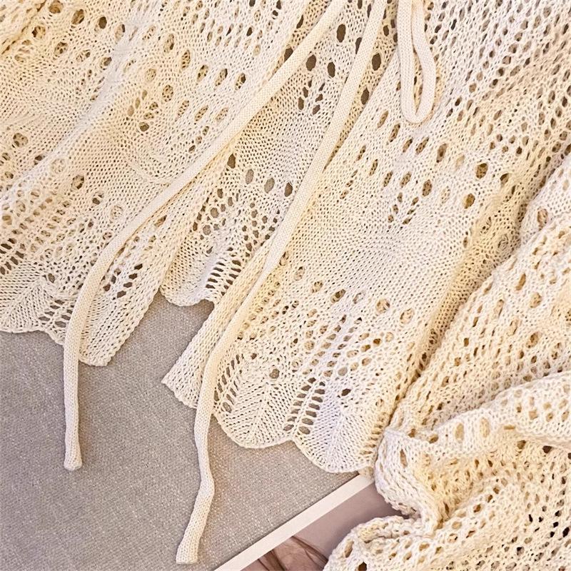 Jarně-letní háčkovaný lněný kardigan šál se zavazováním vpředu - Dámský svrchní oděv s ochranou proti slunci