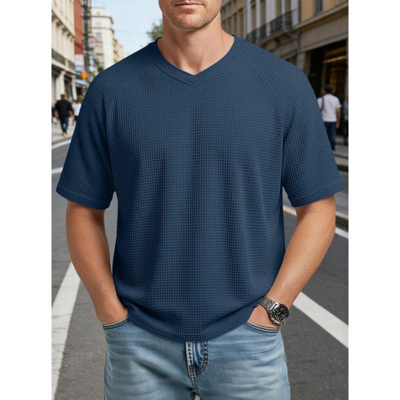 Men S V Neck Waffle Knit Raglan Short Sleeve Casual T Shirt