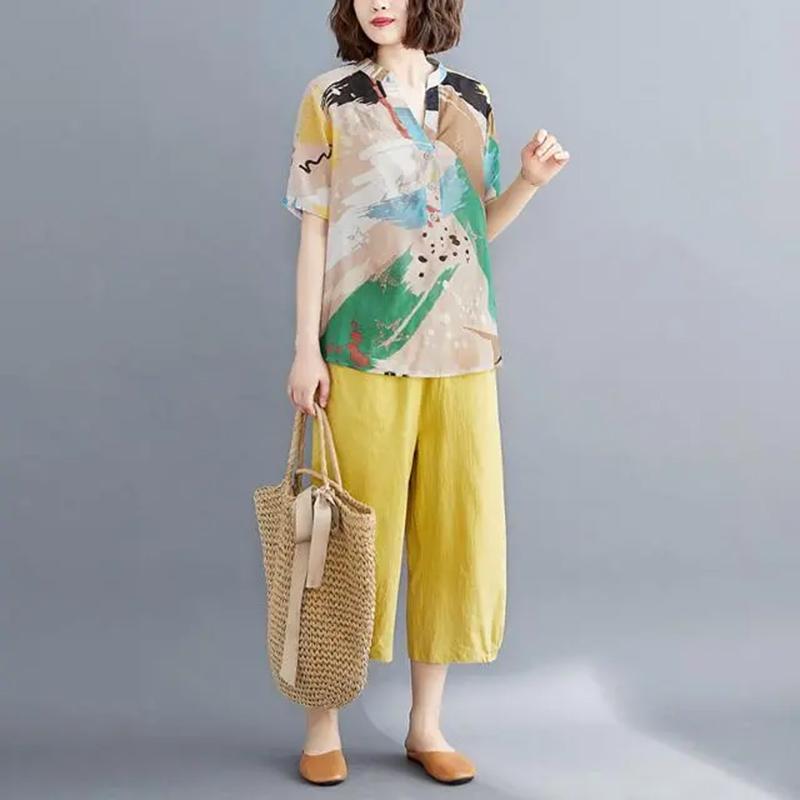 

Летний костюм из 2 предметов, женская хлопковая футболка, брюки, удобный двухкомпонентный топ с короткими рукавами и длинные брюки, свободный повседневный костюм XXL жёлтый